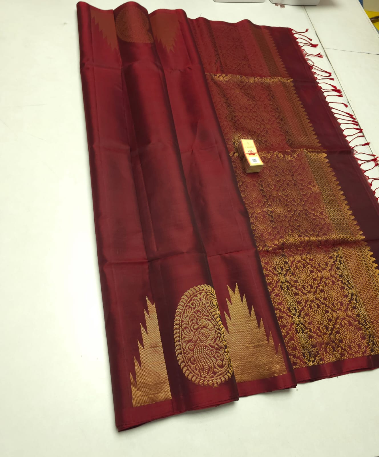 Pure soft silk saree maroon with gold zari peacock butta and brocade pallu – Silk Mark Certified -1