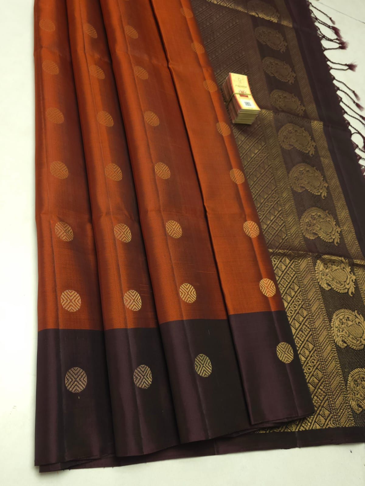 Pure Soft Silk Saree – Rust Orange & Coffee Brown with Gold Zari Round Butta | Silk Mark Certified