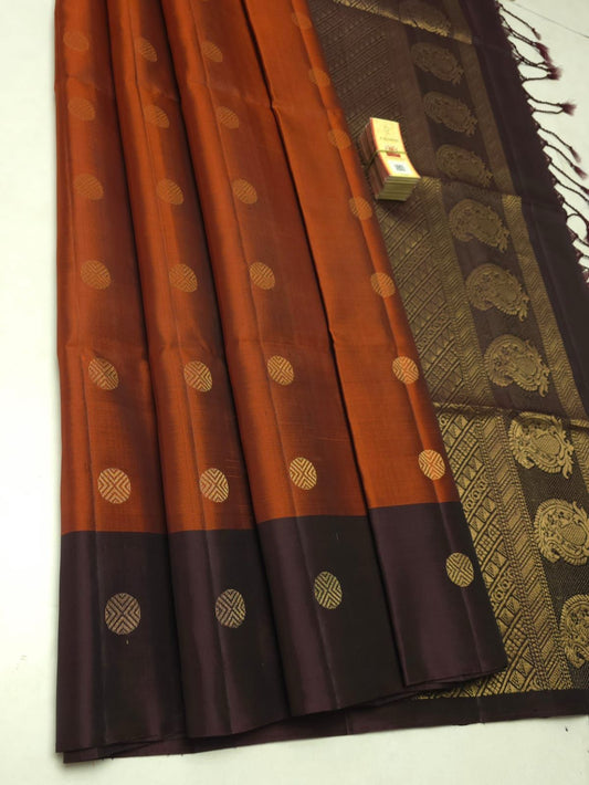 Pure Soft Silk Saree – Rust Orange & Coffee Brown with Gold Zari Round Butta | Silk Mark Certified