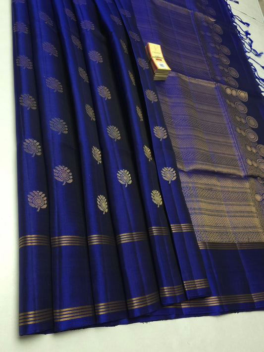 Pure Soft Silk Saree – Royal Blue with Gold Zari Floral Butta | Silk Mark Certified