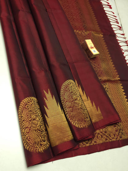 Pure soft silk saree maroon with gold zari peacock butta and brocade pallu – Silk Mark Certified