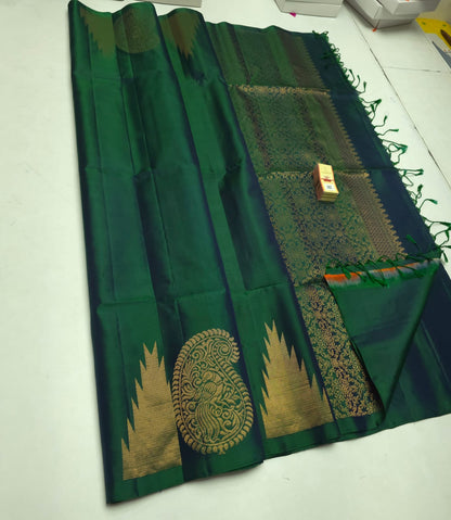 Pure Soft Silk Saree – Bottle Green with Gold Zari Peacock Butta | Silk Mark Certified