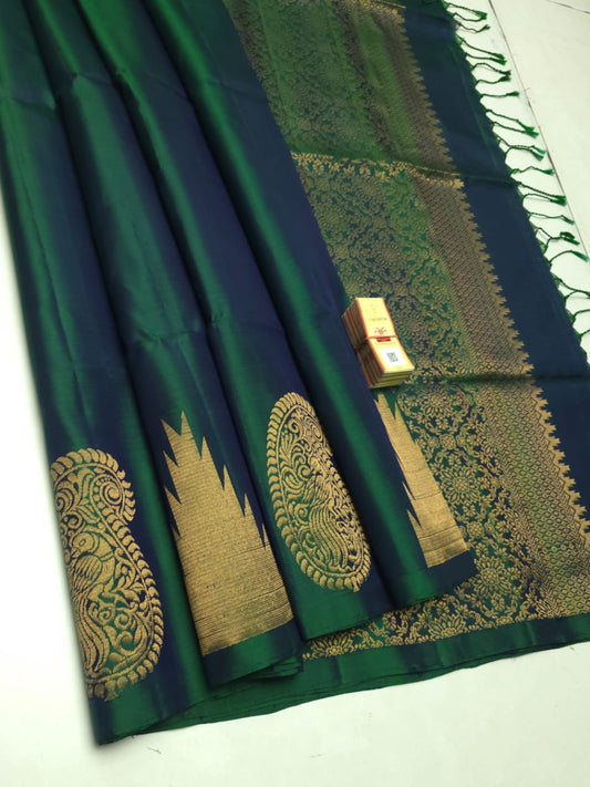 Pure Soft Silk Saree – Bottle Green with Gold Zari Peacock Butta | Silk Mark Certified