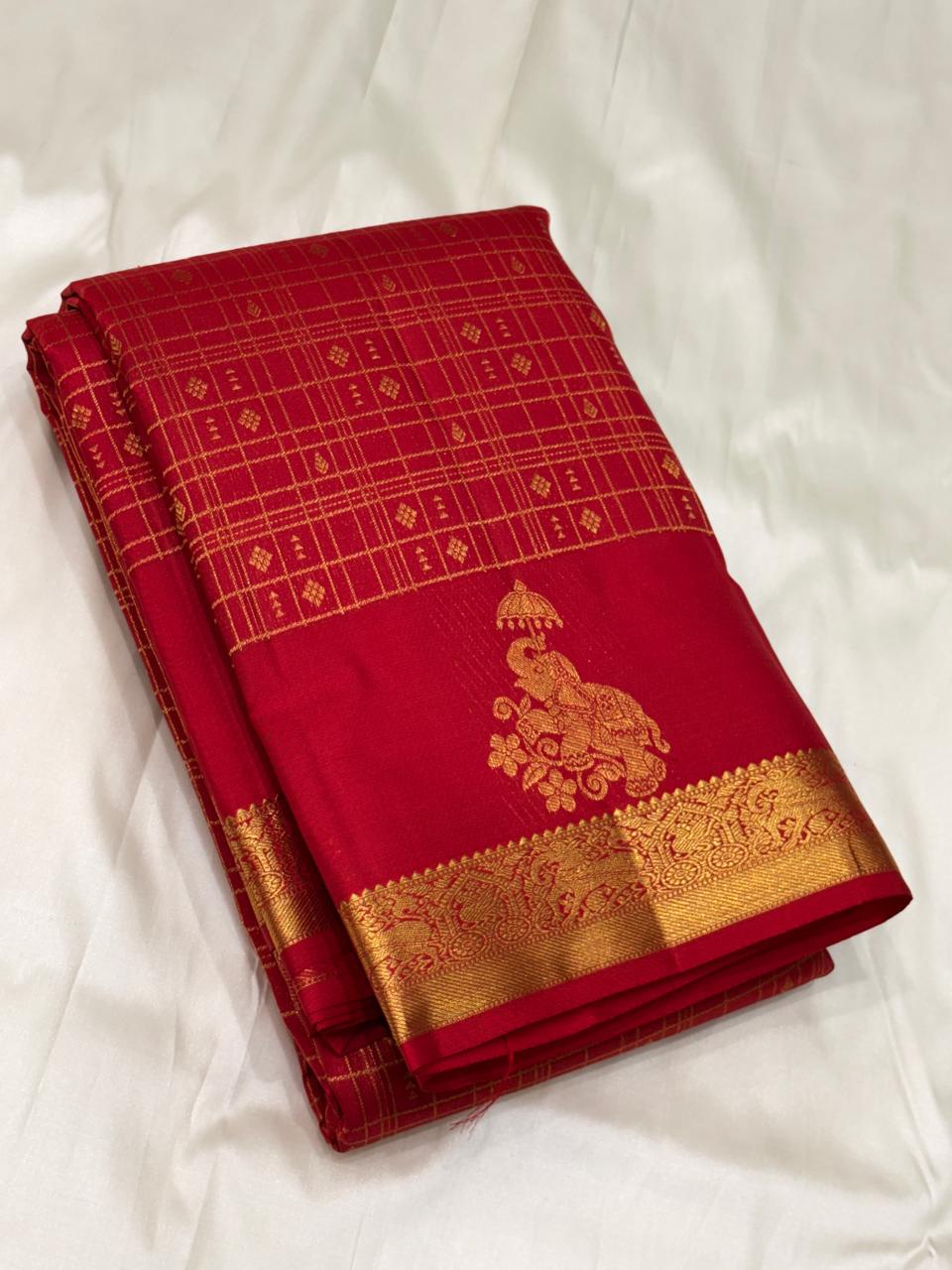 Handloom Kanchipuram Silk Saree – Classic Red with Gold Zari