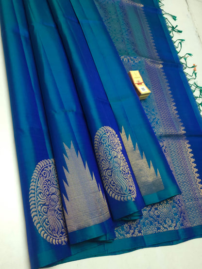 Pure Soft Silk Saree – Dual tone Peacock Green with Gold Zari Peacock Butta | Silk Mark Certified