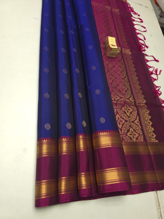 Pure Soft Silk Saree – Royal Blue with Magenta Contrast Border & Gold Zari Butta | Silk Mark Certified