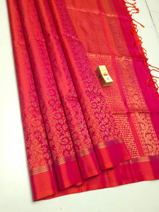 Pure Soft Silk Saree – DualTone Orange Pink with Gold Zari Floral Weave | Silk Mark Certified