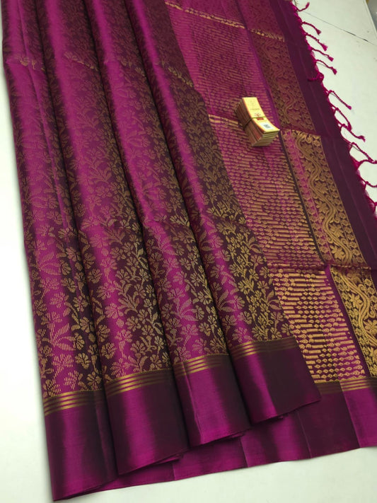 Pure Soft Silk Saree – Plum Magenta with Gold Zari Floral Weave | Silk Mark Certified