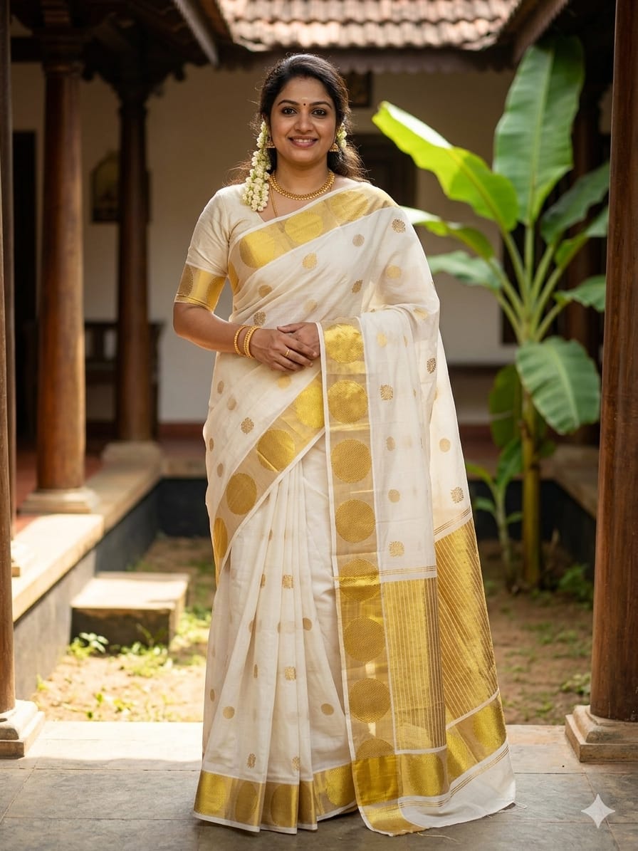 Premium Cotton Saree in Off-White with Golden Buttas and Polka Dot Border