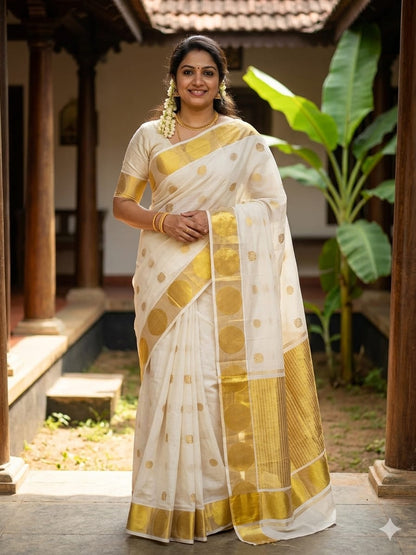 Premium Cotton Saree in Off-White with Golden Buttas and Polka Dot Border
