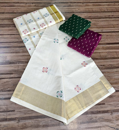 Kerala Cotton Onam Saree with Golden Kasavu Border & Fancy Motifs