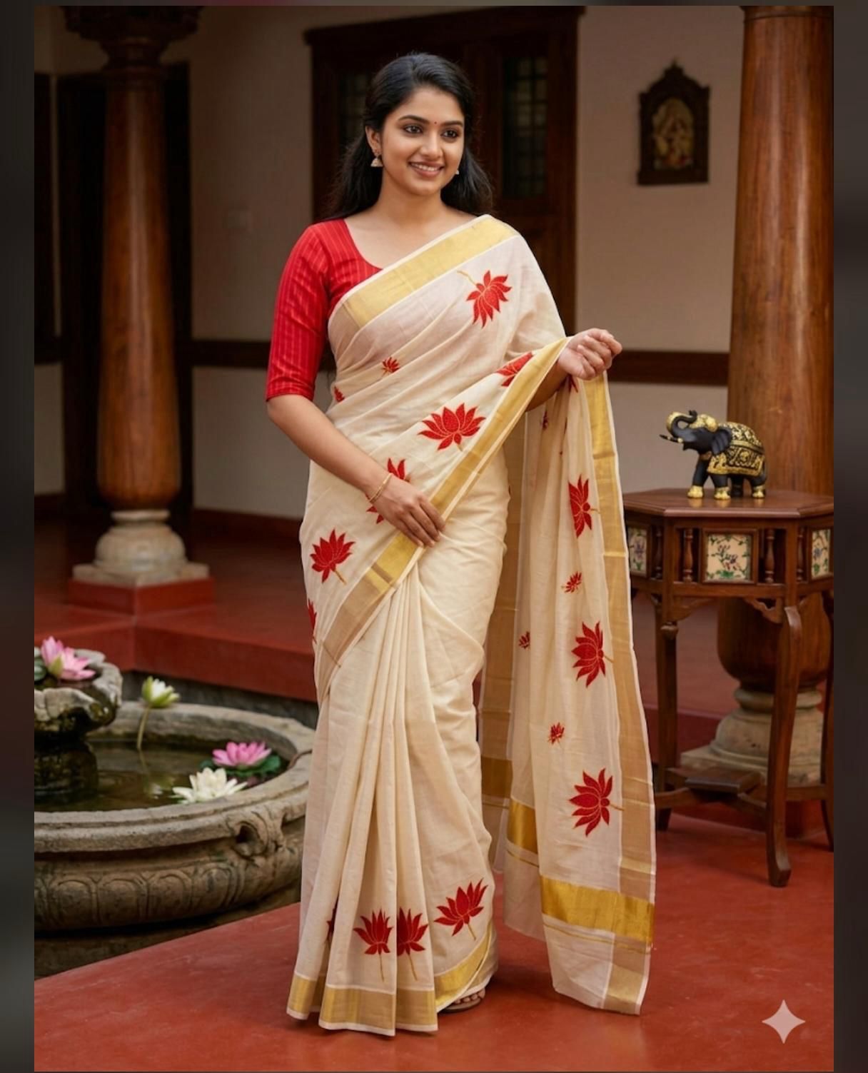 Tissue Saree in Gold with Red Lotus Motifs