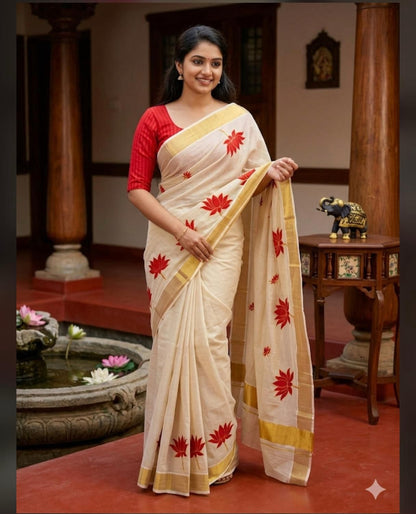 Tissue Saree in Gold with Red Lotus Motifs
