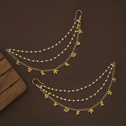 Pearl Ear Chain Pair - Gold Tone with Golden Ball Danglers