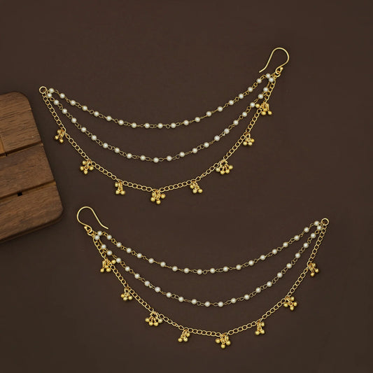 Pearl Ear Chain Pair - Gold Tone with Golden Ball Danglers