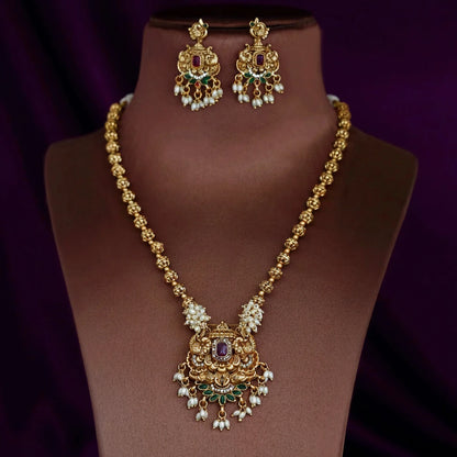 Rice Pearl Statement Necklace Set - Antique Gold Tone with Matching Earrings