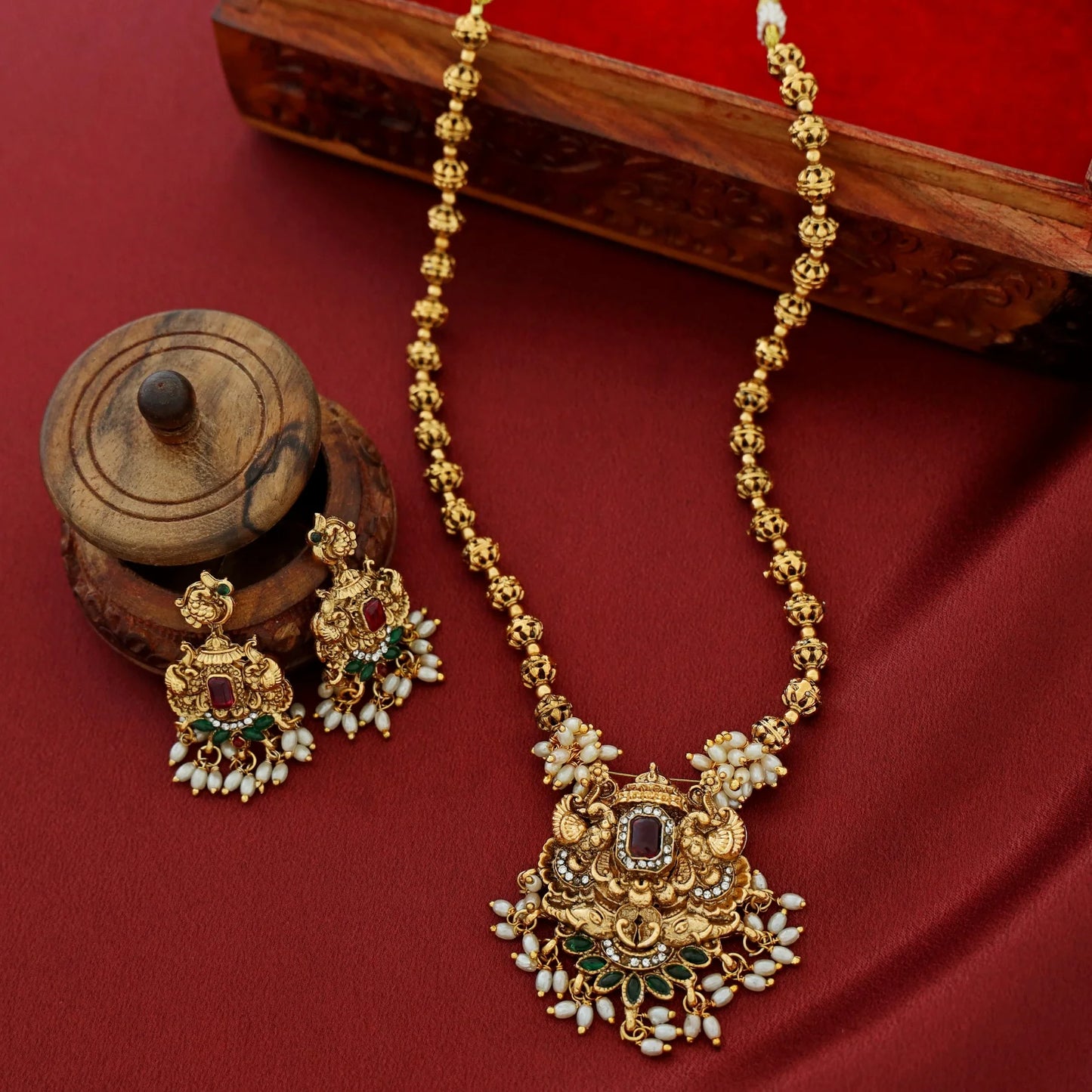 Rice Pearl Statement Necklace Set - Antique Gold Tone with Matching Earrings