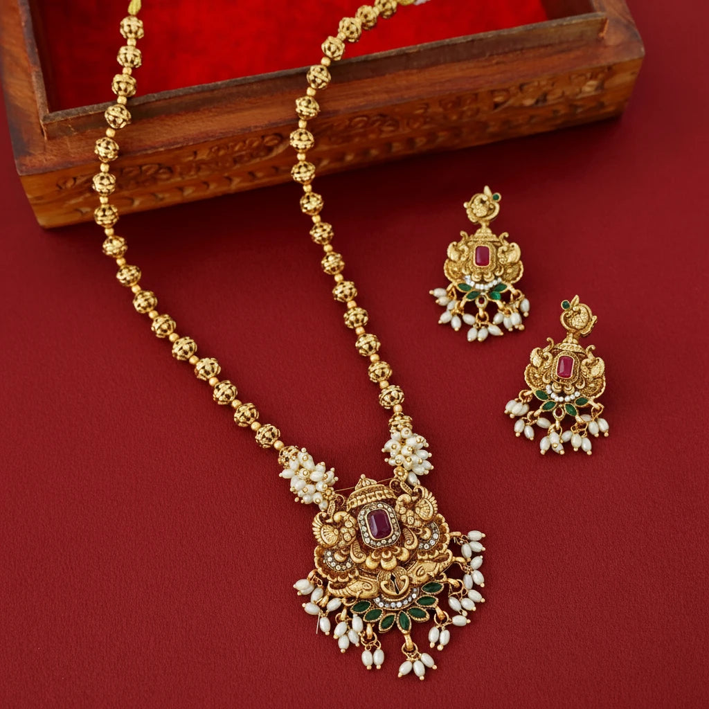 Rice Pearl Statement Necklace Set - Antique Gold Tone with Matching Earrings