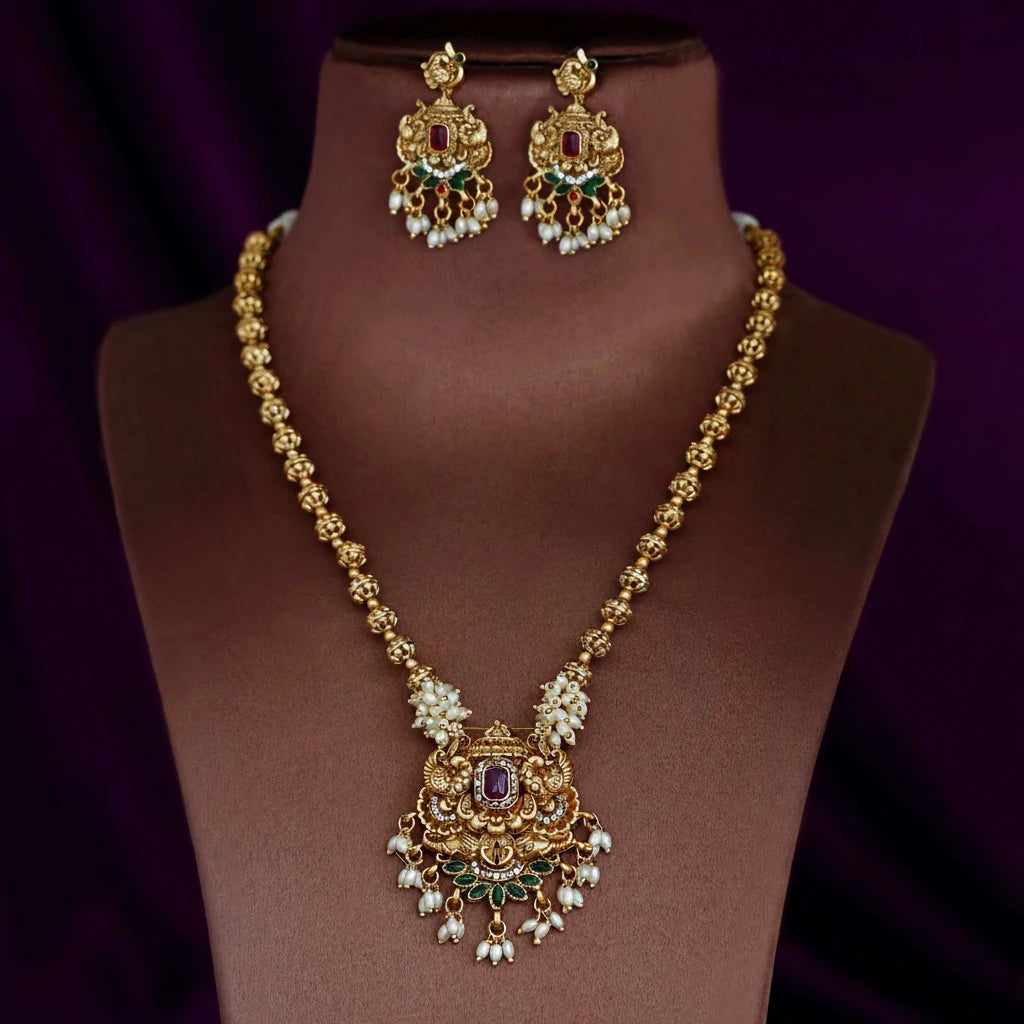 Rice Pearl Statement Necklace Set - Antique Gold Tone with Matching Earrings