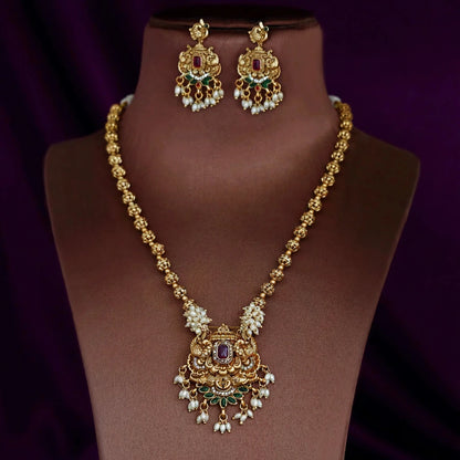 Rice Pearl Statement Necklace Set - Antique Gold Tone with Matching Earrings