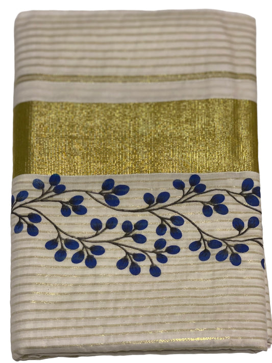 Kerala Set Saree With Thin Lines and Blue color Prints