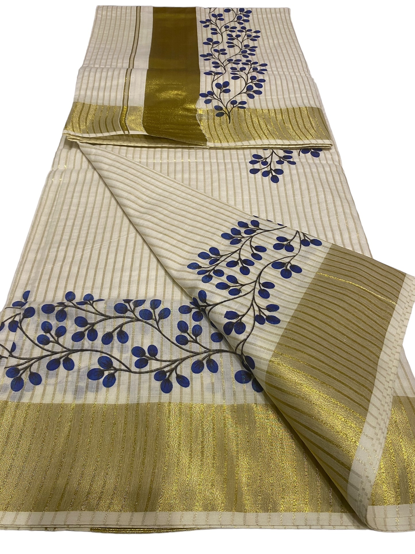 Kerala Set Saree With Thin Lines and Blue color Prints