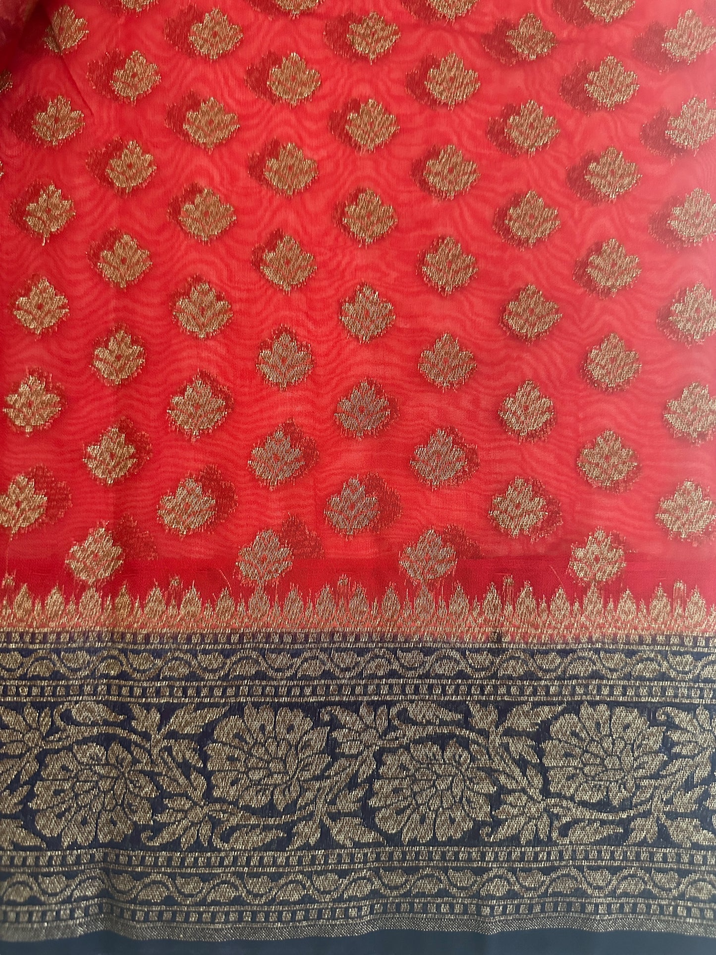 Banarasi Fancy Georgette Saree - Red and Navy Blue