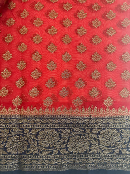 Banarasi Fancy Georgette Saree - Red and Navy Blue