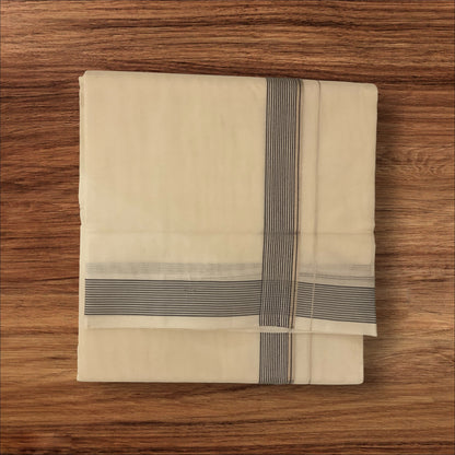 Handloom Kerala Cotton Mundu for Gents with Silver And Black Zari Border