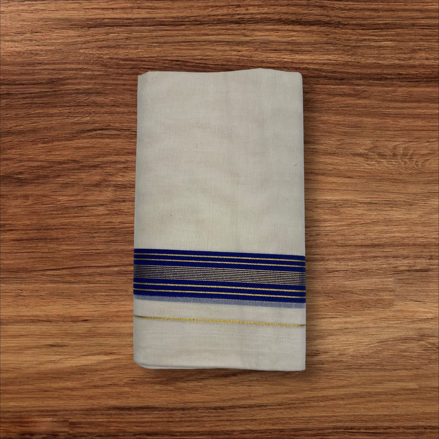 Handloom Kerala Cotton Mundu for Gents with Gold And Blue Zari Border