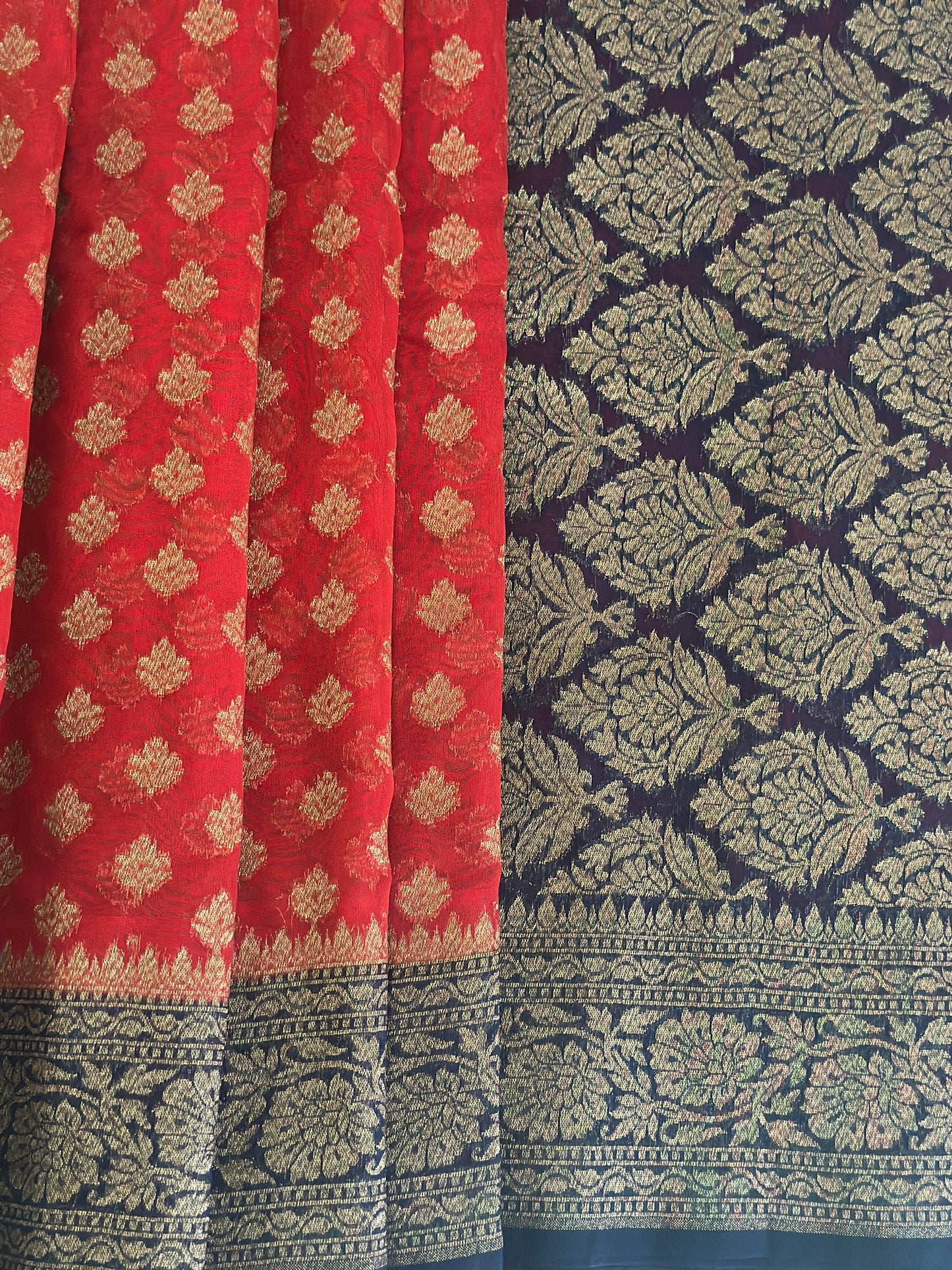 Banarasi Fancy Georgette Saree - Red and Navy Blue