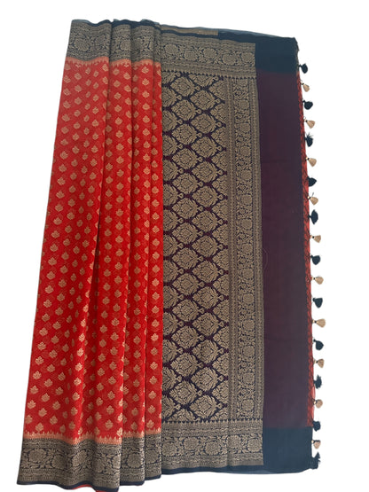 Banarasi Fancy Georgette Saree - Red and Navy Blue