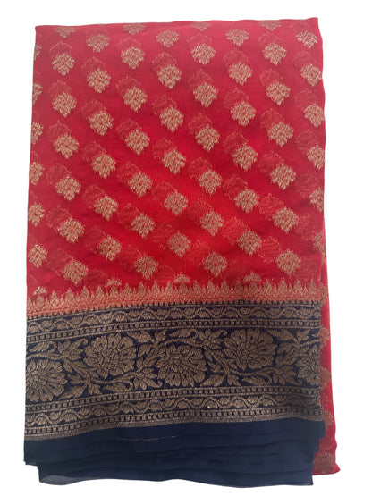 Banarasi Fancy Georgette Saree - Red and Navy Blue