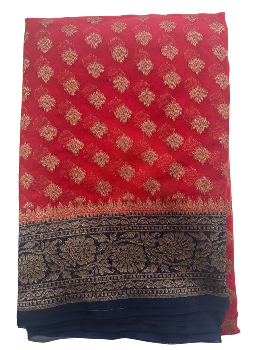 Banarasi Fancy Georgette Saree - Red and Navy Blue