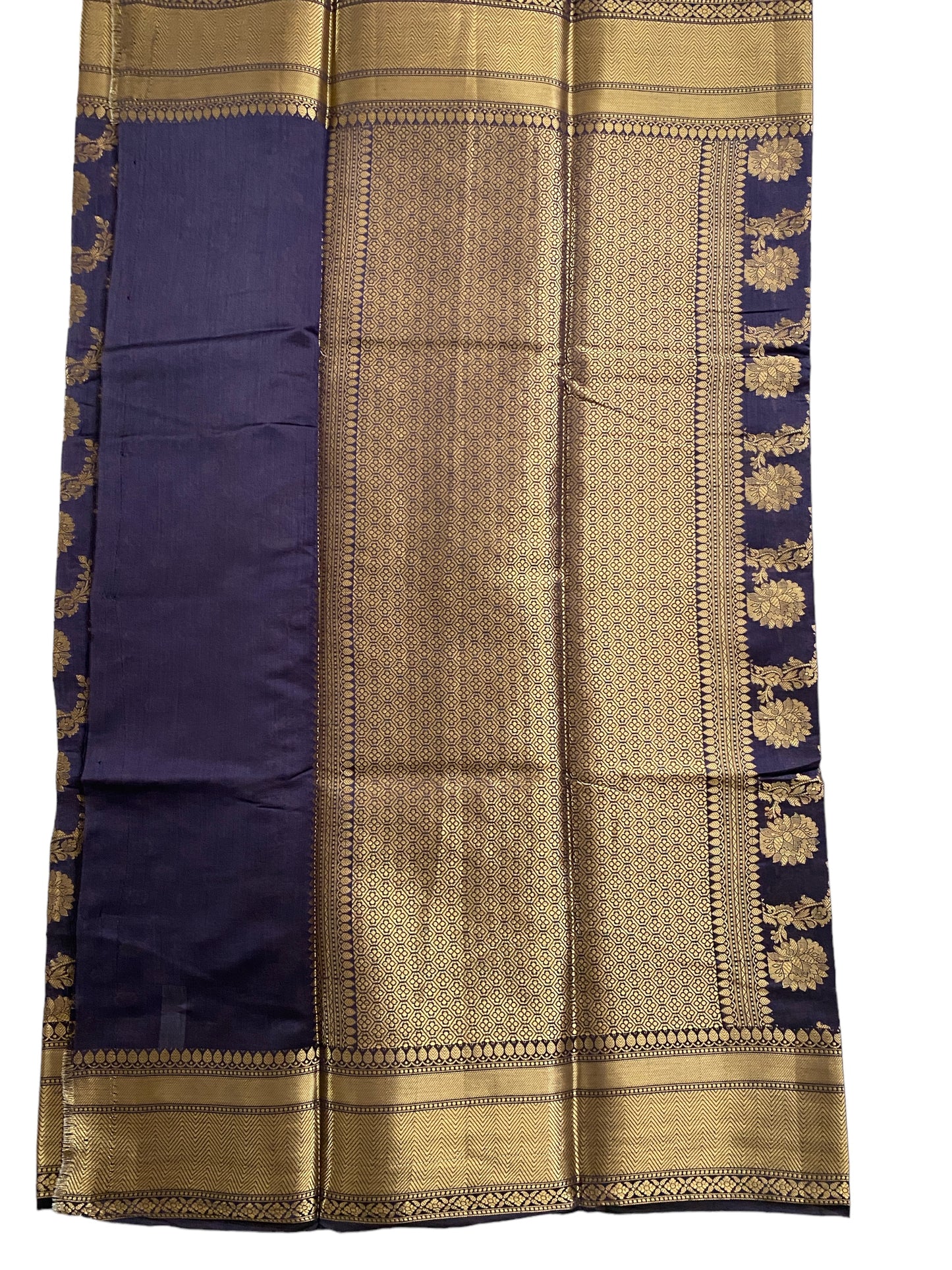 Chiniya Katan Silk Saree With Jaal Pattern Gold Zari Works | Navy Blue