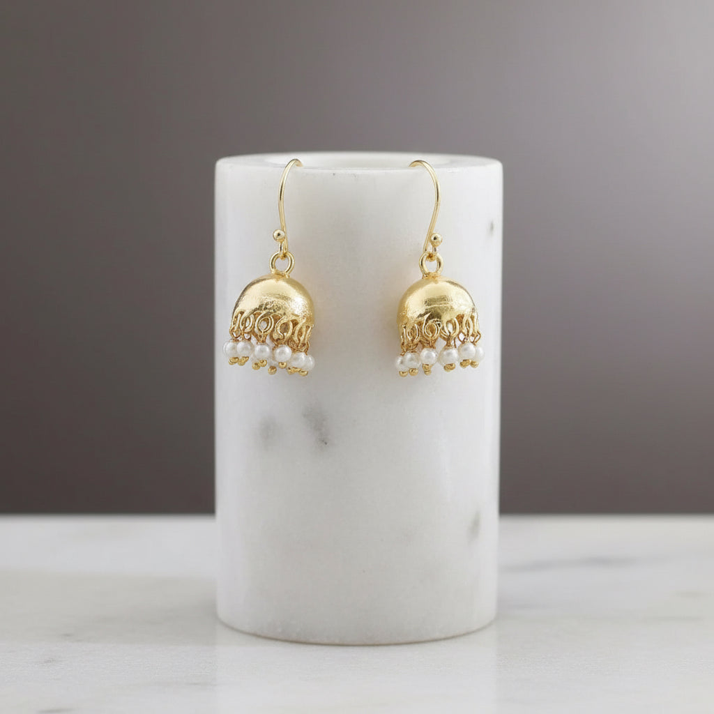 Jhumka Earrings - Gold Tone with Pearl Detail