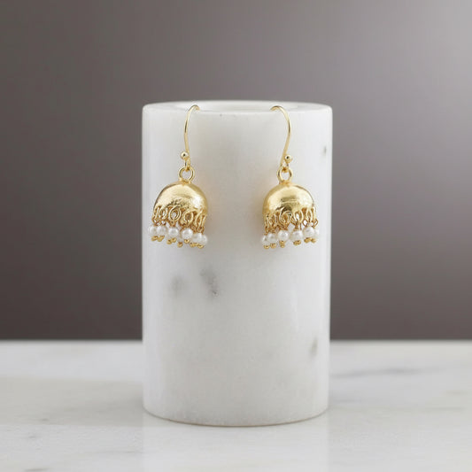 Jhumka Earrings - Gold Tone with Pearl Detail