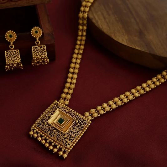 Necklace Set - Gold Tone with Green Stone Pendant and Matching Earrings