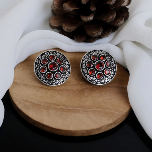 Stud Earrings - Tangy Red Stone Cluster in Antique Silver Tone