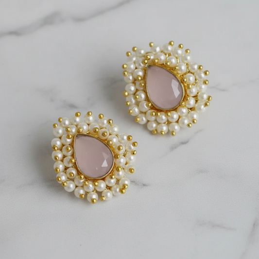 Stud Earrings - Baby Pink Pear Stone with Pearl Cluster