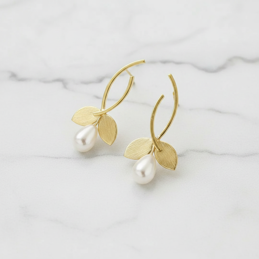 2 Leaf Emelia Earrings with White Pearl - Medium
