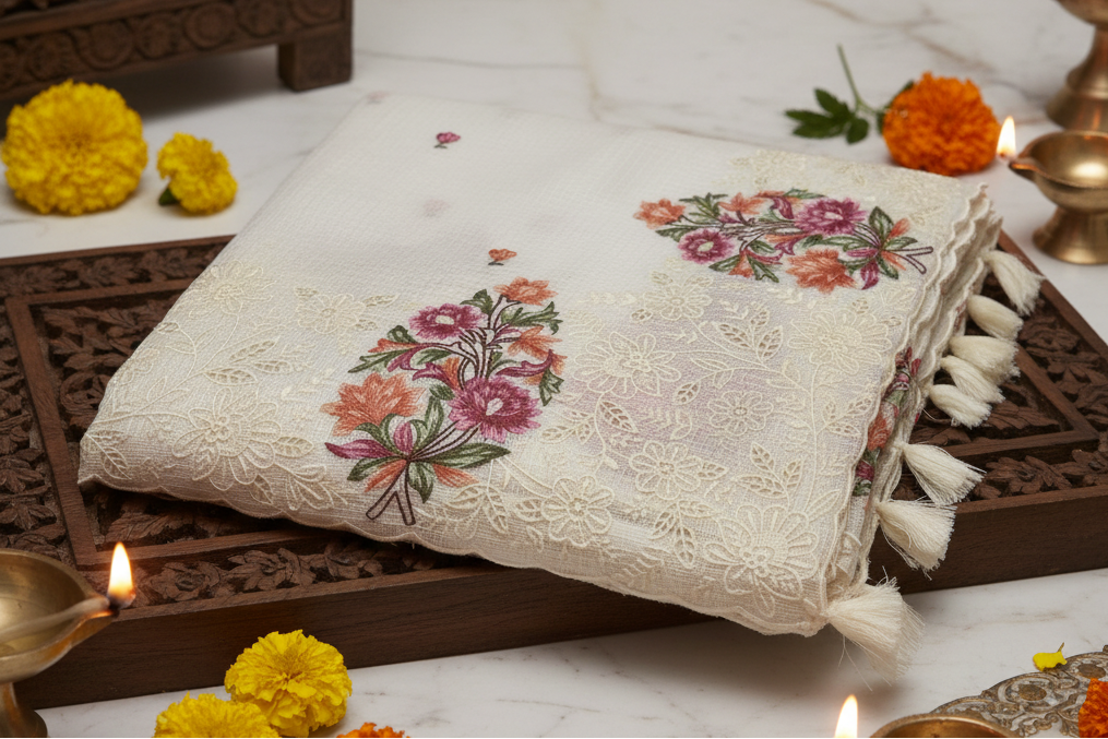 Fancy Kota Saree in Off White with Rich Embroidery and Cut Work