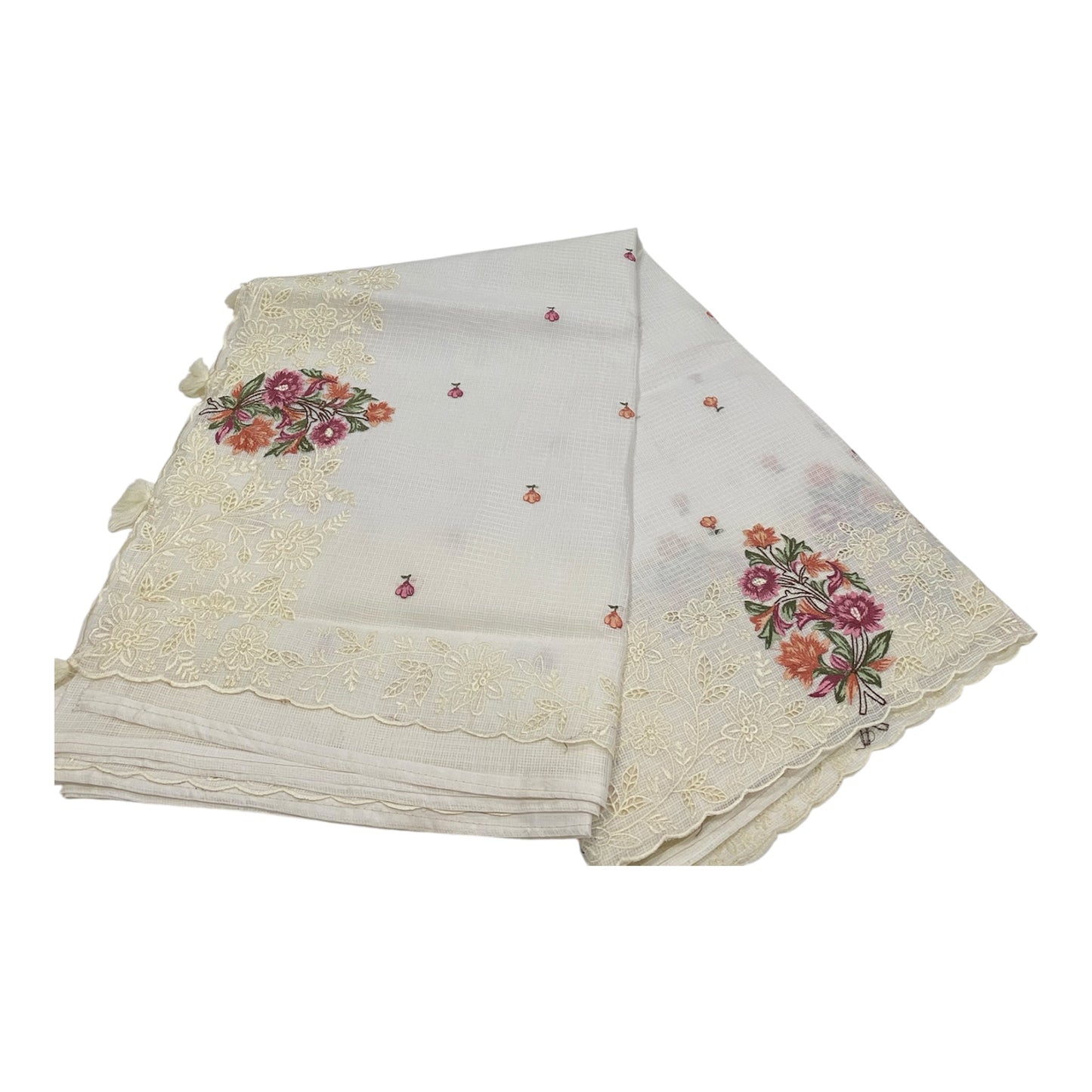 Fancy Kota Saree in Off White with Rich Embroidery and Cut Work