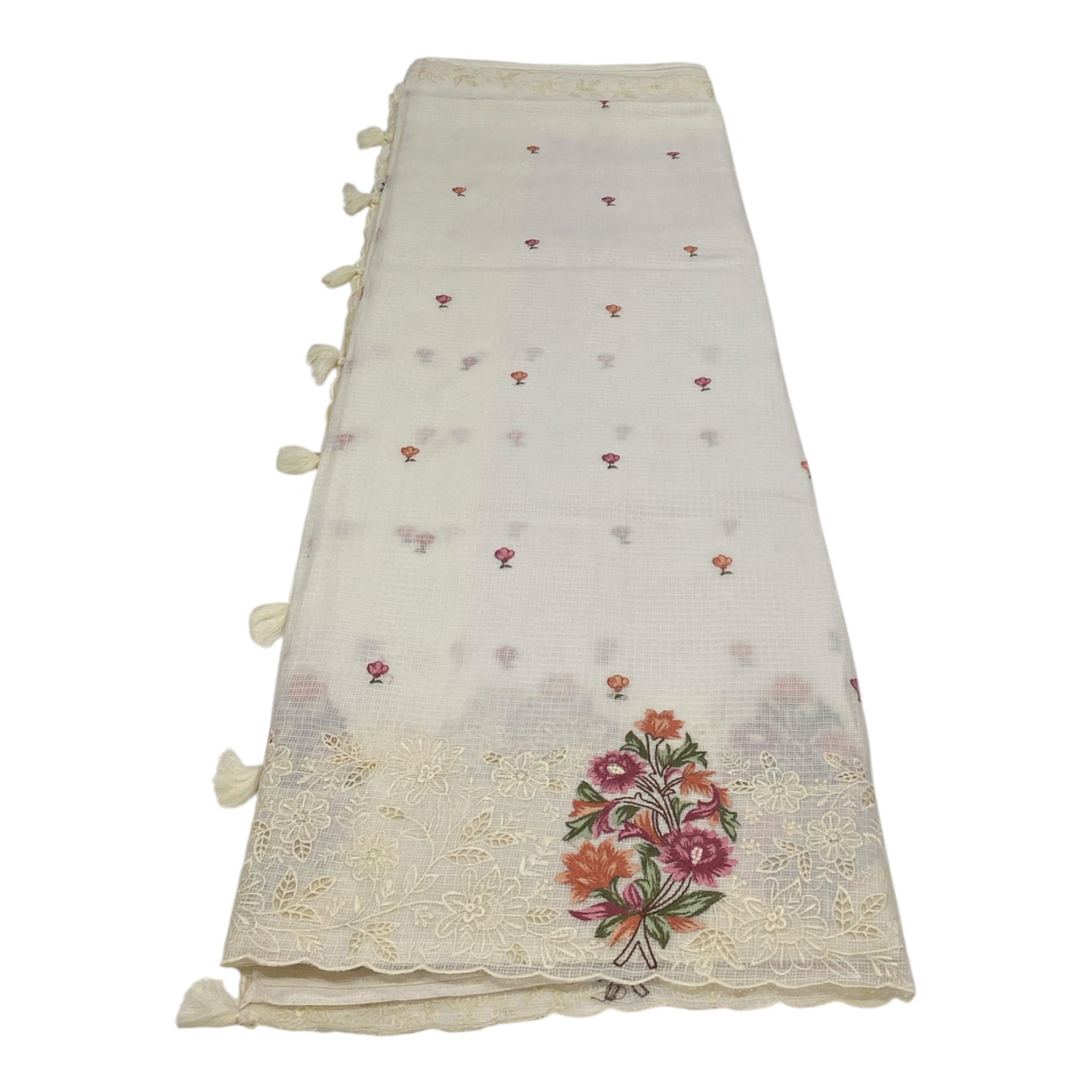 Fancy Kota Saree in Off White with Rich Embroidery and Cut Work