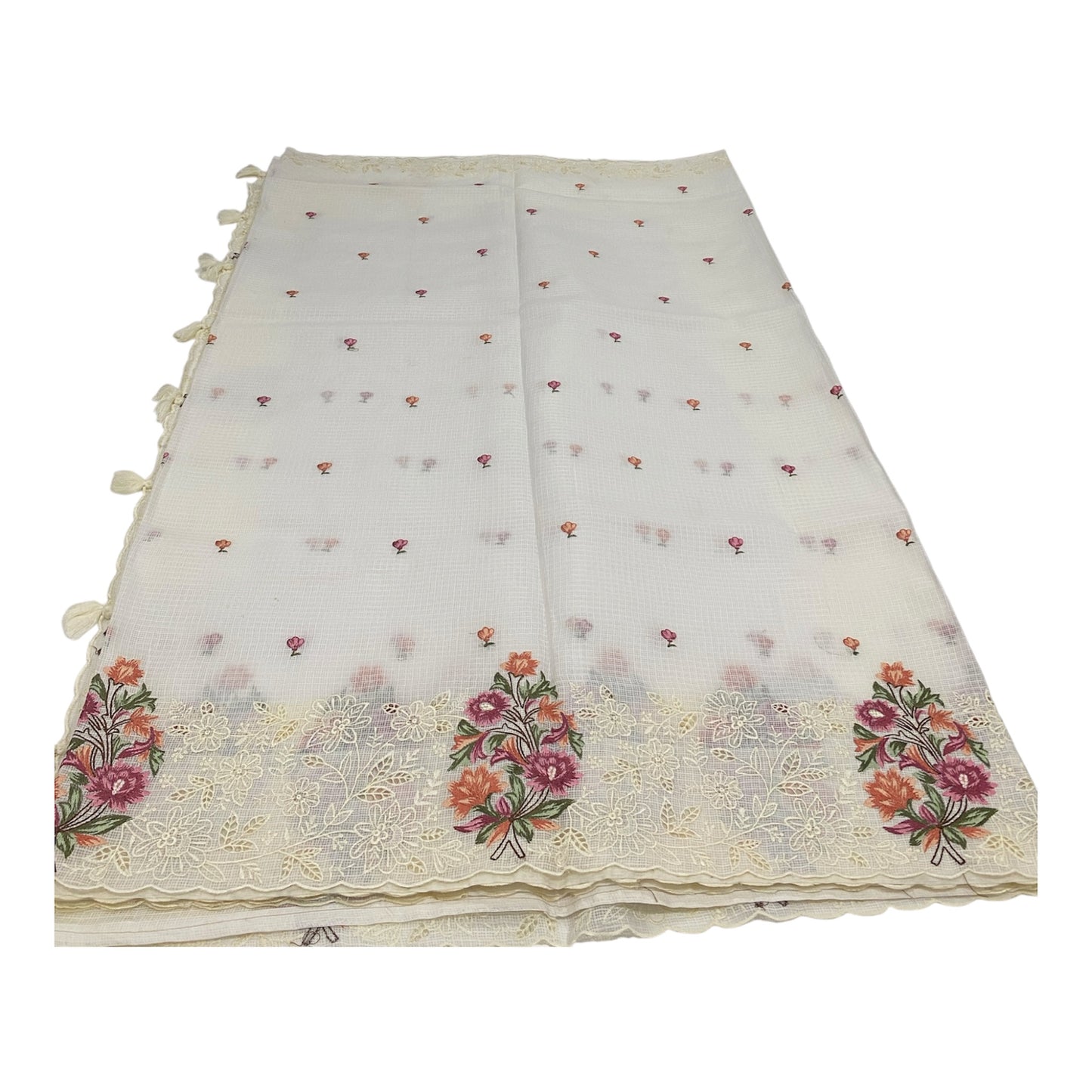 Fancy Kota Saree in Off White with Rich Embroidery and Cut Work