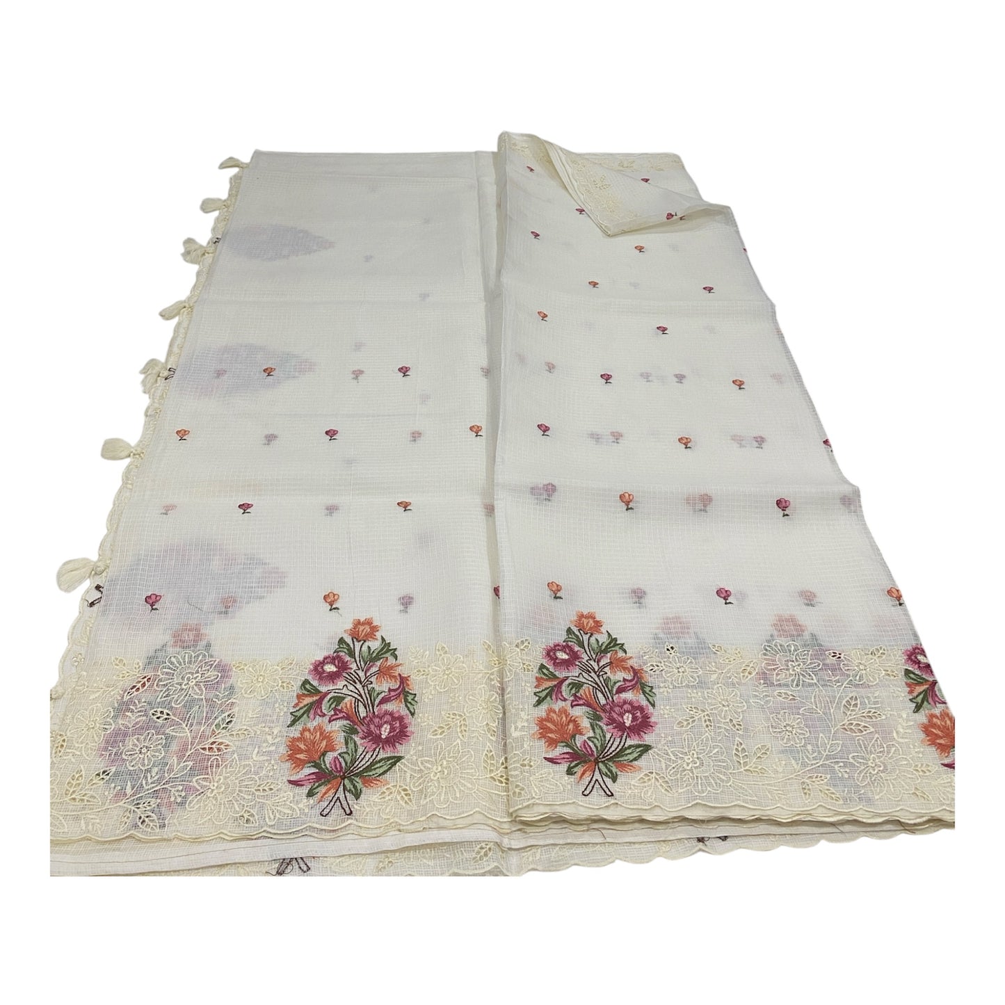 Fancy Kota Saree in Off White with Rich Embroidery and Cut Work