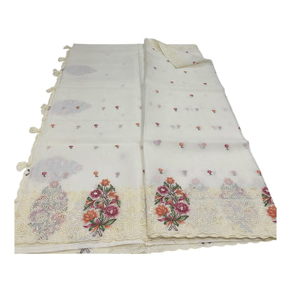 Fancy Kota Saree in Off White with Rich Embroidery and Cut Work