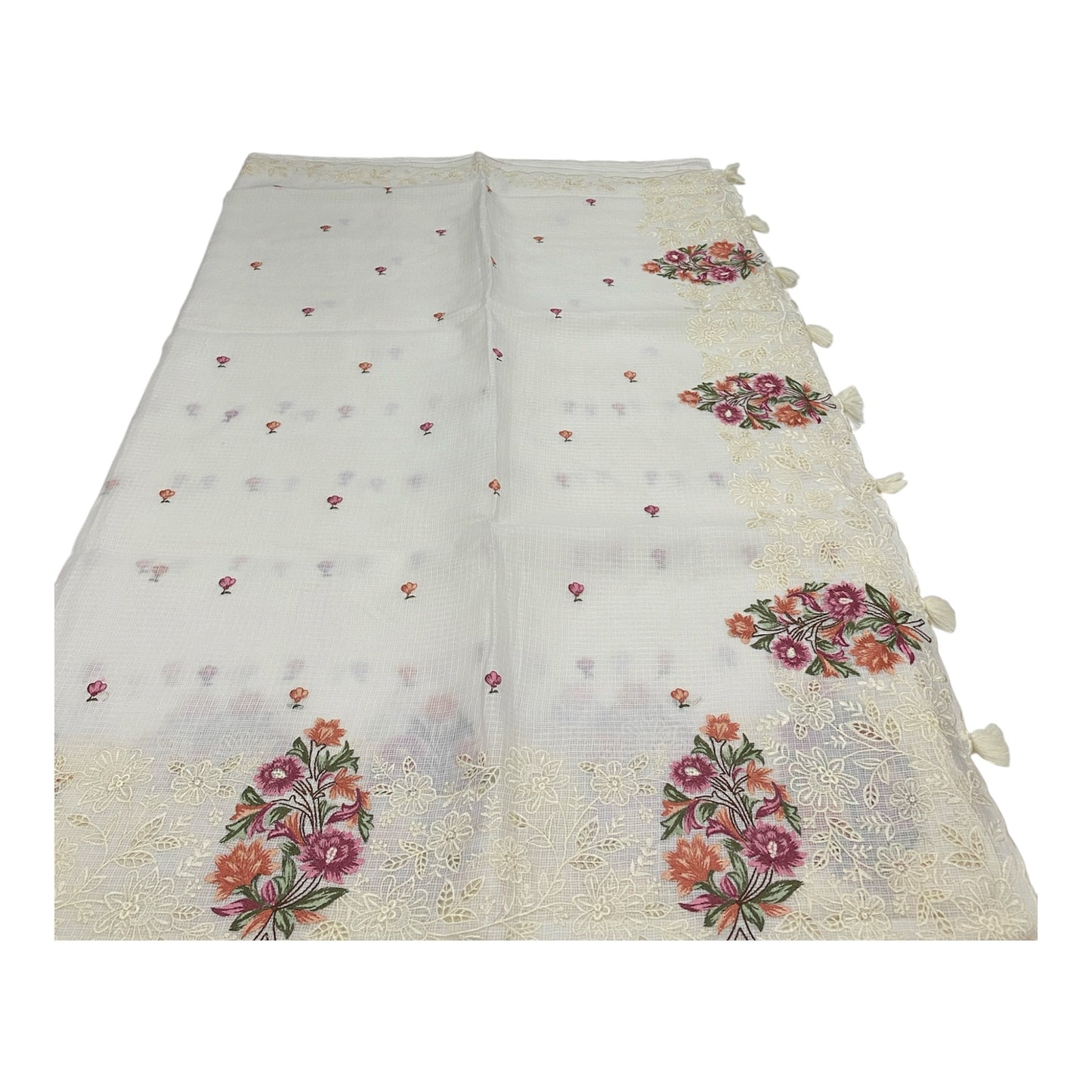 Fancy Kota Saree in Off White with Rich Embroidery and Cut Work