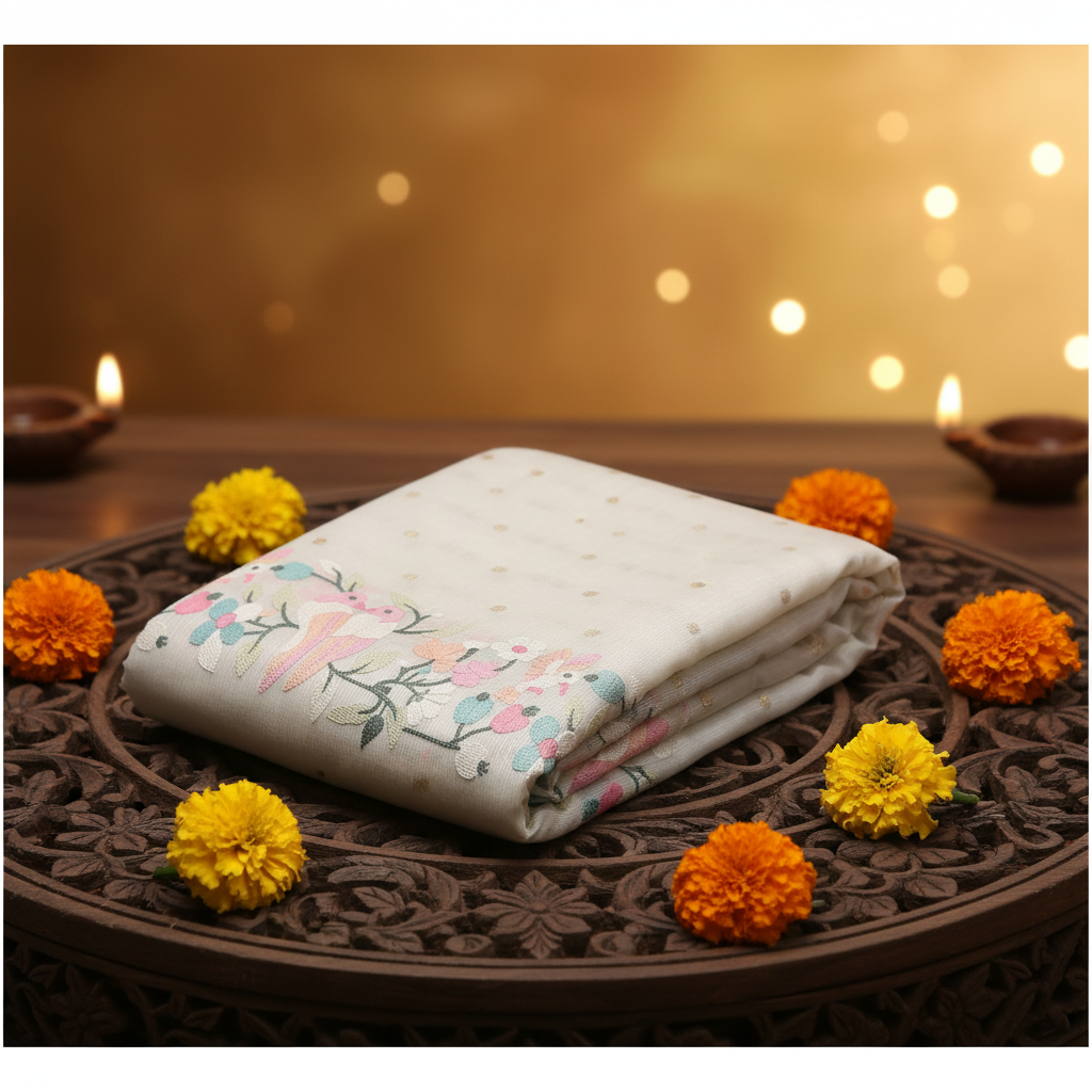 Fancy Kota Saree in Off White with Rich Thread Work and Antique Zari