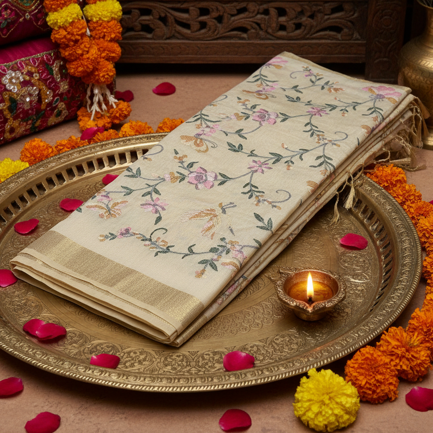 Fancy Chanderi Saree in Off White with All-Over Thread Work